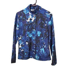 CHICOS Blouse Sz 1 M Snap Closure Blue Floral Artsy Mock Neck Casual Eclectic